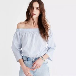 Madewell Clean Off the Shoulder Top in Blue and White Stripes